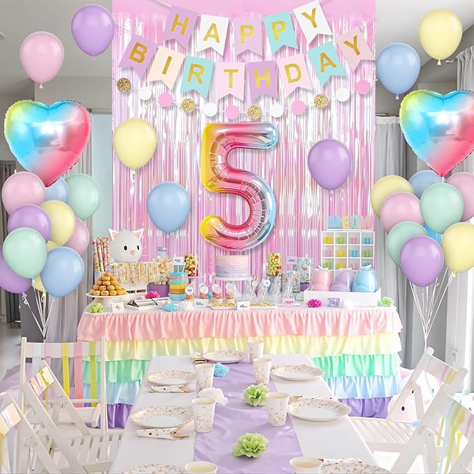 5th Birthday Decorations Rainbow,Gradient Number 5 Balloon,Pastel Happy Birthday Banner Fringe Curtain Heart Foil Balloons Boys Girls 5 Year Old Decor