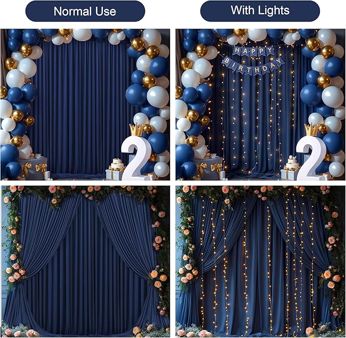 Navy Blue Backdrop Curtains with Lights for Parties,10x10FT Wrinkle Free Wedding Photo Backdrop Curtains for Baby Shower Birthday Graduations Home Party Decorations-5ft x 10ft