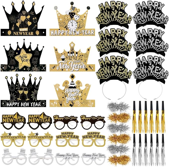 42 Pcs New Years Eve Party Supplies 2026, Includes Happy New Year Hats Paper Crowns,Headband Tiara,Paper Glasses,Wreath,Noise Makers for Happy New Year's Party Decorations 2026
