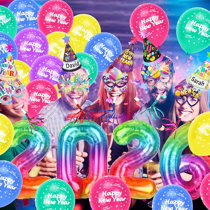 HOWAF 41pcs New Years Eve Party Supplies 2026 Colorful Happy New Year Hats News Years Eve Hats 2026 Glasses Party Blowouts Balloons NYE Party Favors Accessories Kit for Happy New Year Decorations