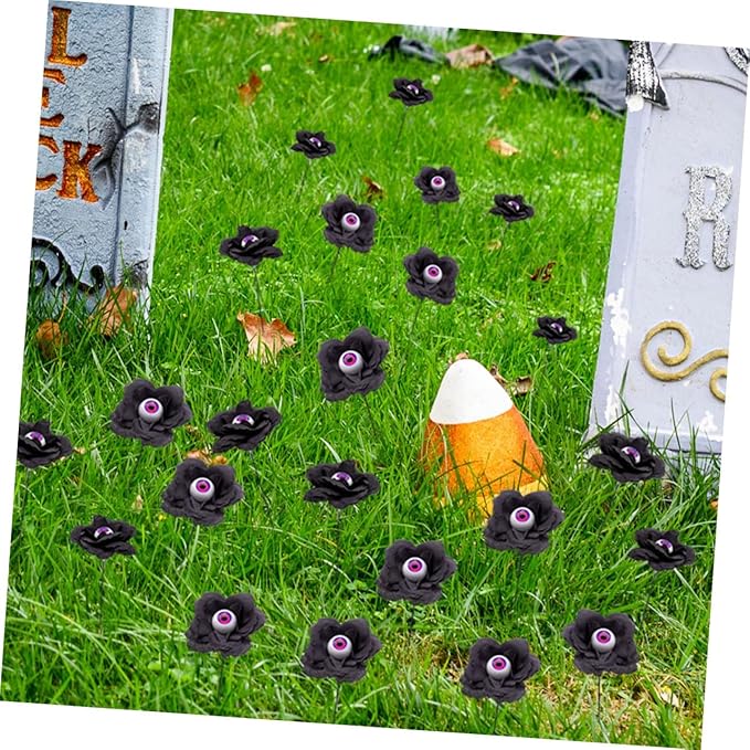 balacoo Halloween Yard Decorations 4pcs Black Rose Sign Stakes Eyeball Flowers Outdoor Decor