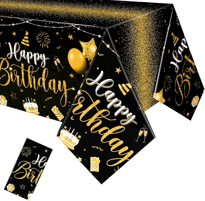 Tudomro 3 Pcs Happy Birthday Tablecloths Happy Birthday Party Decorations Plastic Table Cover Rectangular Cloths for Women Men Baby Shower Party Supplies, 108 x 54 Inch (Black Gold)