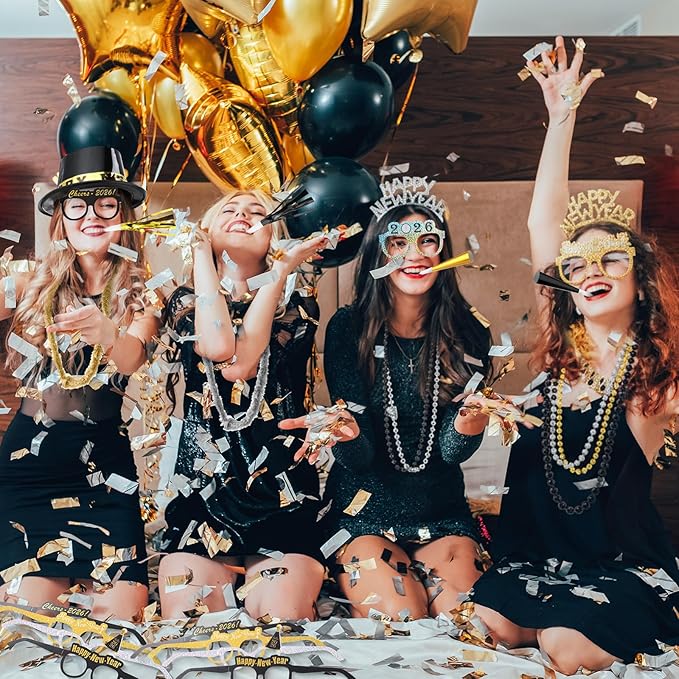 402 Pcs 2026 New Year's Eve Party Supplies for 100 Guests Includes Top Hats Cone Hats Tiaras Glasses Horns Squawkers Blowouts Bead Necklaces Lei Necklace Happy New Year