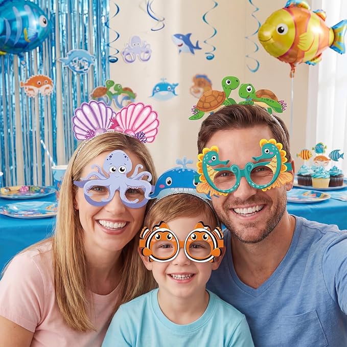 Pajean 24 Pcs Under The Sea Party Supplies Include 12 Ocean Animals Paper Eyeglasses 12 Sea Animals Headbands Photo Booth Props for Beach Pool Mermaid Fish Party Favors Decorations