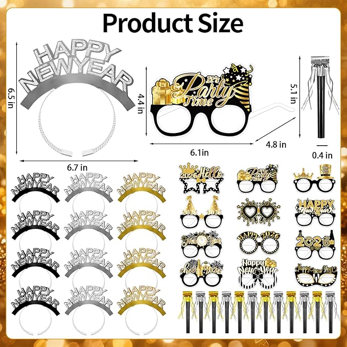 Openfly 36Pcs New Years Eve Party Supplies 2026 Happy New Year Hats Headband Tiara Noise Makers Paper Glasses Party Favors
