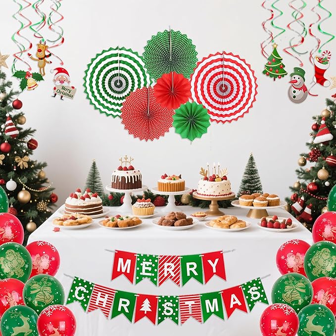 Christmas Party Decorations, Merry Christmas Decorations Supplies, Banner, Hanging Swirls, Paper Fans, Balloon, Photo Booth Props, Confetti, for Holiday Xmas Indoor Outdoor