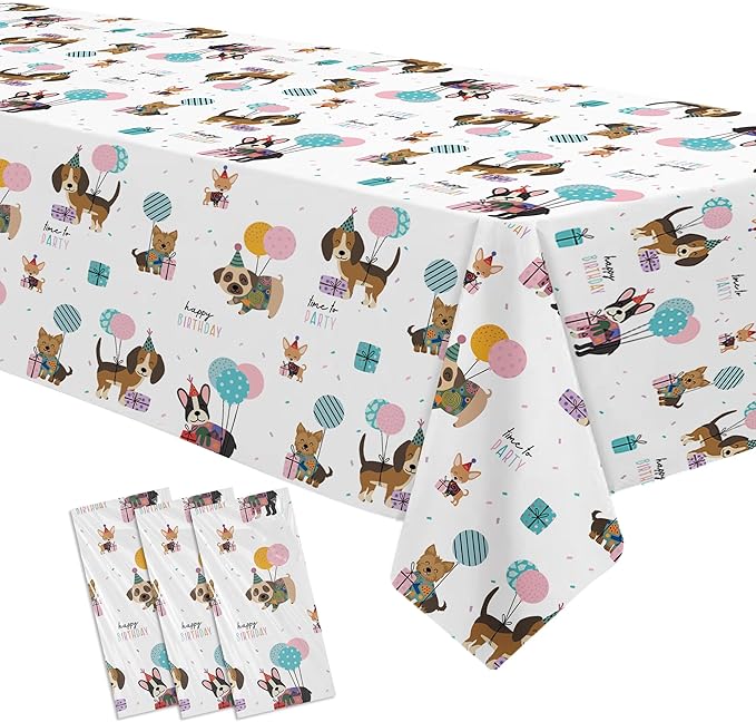 Dog Birthday Decorations Tablecloth, Disposable Puppy Dog Party Supplies Table Cover for Birthday Baby Shower, 3 Pack, 86in x 55in