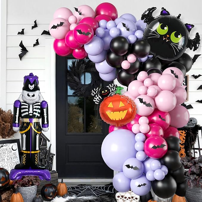 Halloween Balloons Garland Arch Kit, Macaron Pink Purple Balloons with Skeleton Guard Pumpkin Bat Foil Balloon, Black Hot Pink Halloween Balloon with 3D Fake Bats For Party Home Garden Decorations