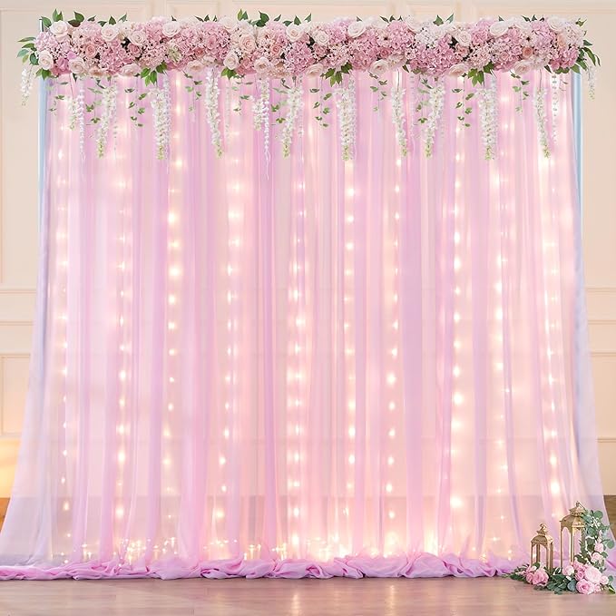 10x10ft Pink Chiffon Backdrop Curtain with Lights String for Wedding Sheer Tulle Curtain Photo Backdrops Drapes for Baby Shower Birthday Party Home Ceremony Decorations