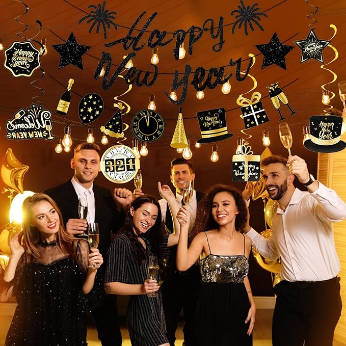 New Year Party Decorations 2026 New Years Eve Decorations Kit Black Gold Nye Decorations Happy New Year Banner New Years Eve Party Supplies 2026