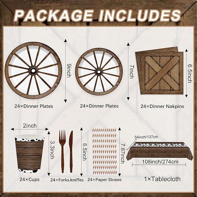 168PCS Wagon Wheel Party Decorations Western Party Supplies Brown Wild West Paper Plates Napkins Cups Knives Forks Straws tablecloths for 24 Guests