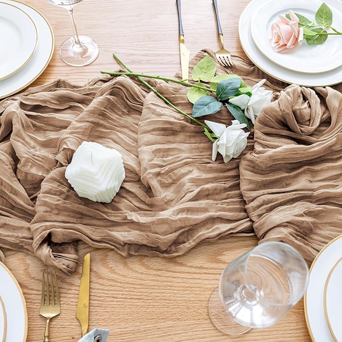 Wokceer Cheesecloth Table Runner 4Pack 10FT Nude Brown Boho Gauze Cheese Cloth Table Runner for Party Long Rustic Sheer Table Runners for Baby Bridal Shower Wedding Easter Table Decor