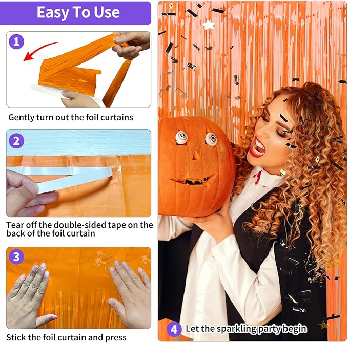 Thanksgiving Decorations Orange Streamers Fringe Backdrop 3.3x8.2ft, 2 Pack Foil Fringe Curtains for Basketball Birthday Party Decorations, Wall Door Decor Tinsel Backdrop for Halloween Bachelorette