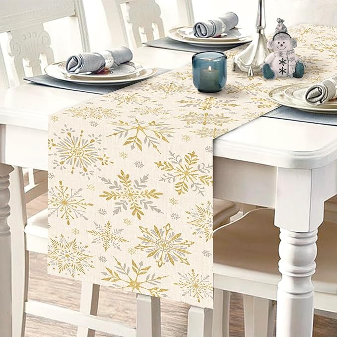 Winter Gold Snowflake Dining Table Runner, Golden Snow Glitter Burlap Kitchen Decoration, Christmas Seasonal Indoor Outdoor Home Decor Party Supply 13 x 72 Inches