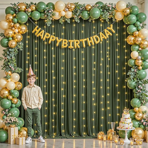 10 x 10ft Hunter Green Backdrop Curtains with Lights String Polyester Photo Backdrop Drapes Wrinkle Free Dark Green Long Curtain for Birthday Party Wedding Reception Baby Shower Ceremony-10 x 5ft x 2P