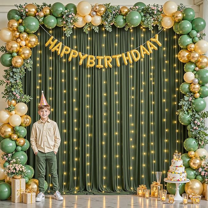 20 x 10ft Hunter Green Backdrop Curtains with Lights String Polyester Photo Backdrop Drapes Wrinkle Free Dark Green Long Curtain for Birthday Party Wedding Reception Baby Shower Ceremony-10 x 5ft x 4P