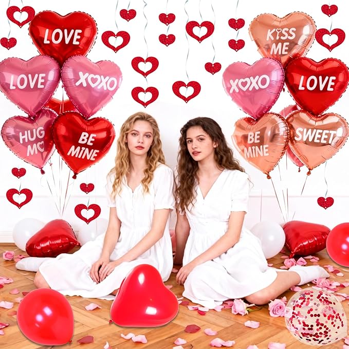 Valentines Day Decorations, 12pcs Valentines Day Balloons, Red Heart Balloons and Love Foil Balloons, Fake Rose Petals Wedding Backdrop Party Supplies