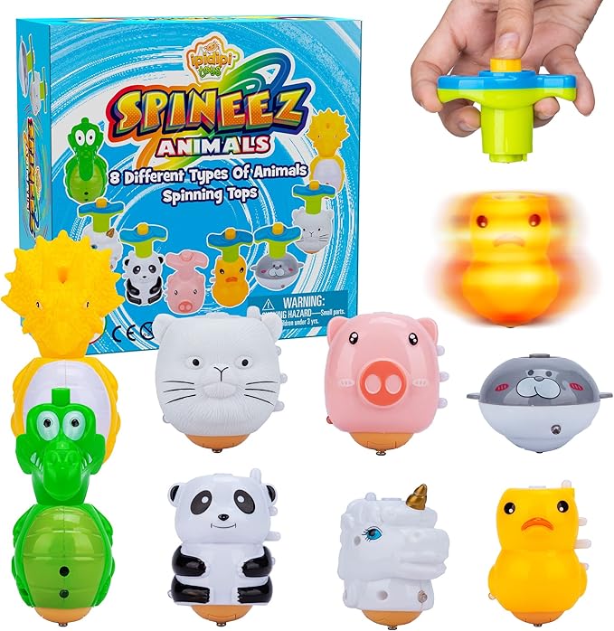 IPIDIPI TOYS Spineez Animal Light Up Spinning Tops – 8 Cute LED Spinners Toys, Easter Basket Stuffers for Kids, Birthday Party Favors, Goodie Bag Stuffers, School Prizes for Boys & Girls