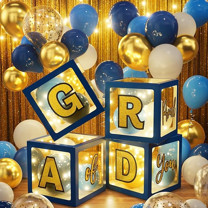 Graduation Party Decorations Class of 2026, 86PCS Blue & Gold Graduation Party Supplies High School College Grad Balloon Boxes with Letter, Foil Curtains, LED String Light, Balloon Garland Kit