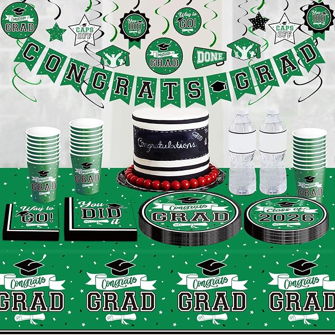 DAZONGE 2026 Graduation Decorations Green, 265pcs Graduation Party Decorations for 50 Guests, Disposable Class of 2026 Decorations Tableware Set, Plates, Napkins, Cups, Tablecloth, Hanging Swirls