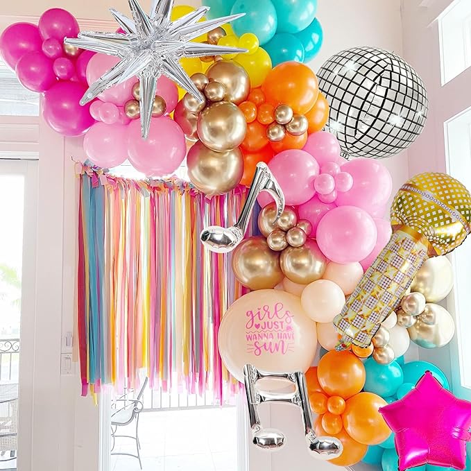 Music Fans Birthday Decoration,148 Pcs Balloon Arch Garland Kit with Microphone, Laser Star, Disco Mylar Balloon for music fans theme teenage girl Birthday Party Prom Decorations