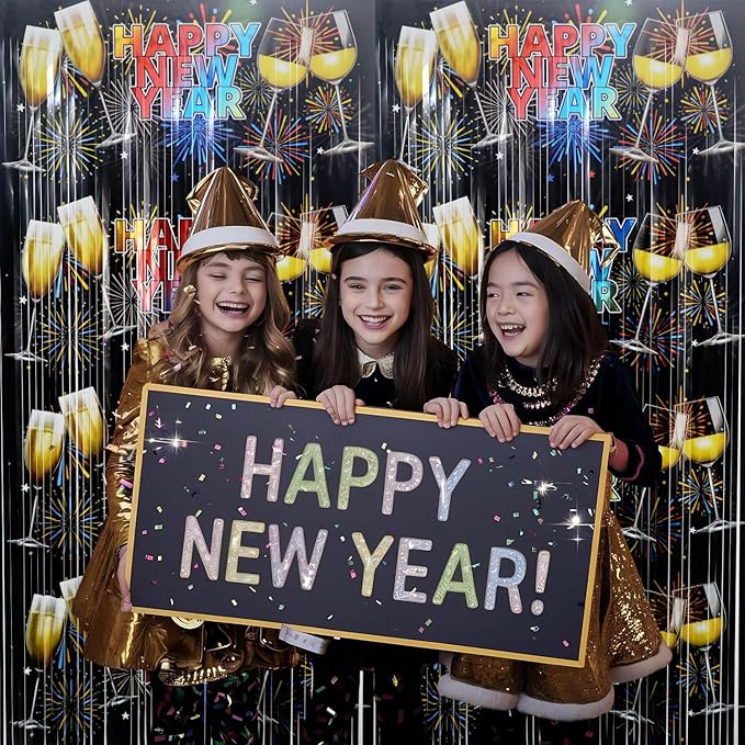 GOER Foil Curtain Backdrop for New Year Eve Party Decorations| Metallic Tinsel New Year Theme Photo Booth Props (1 Pack)