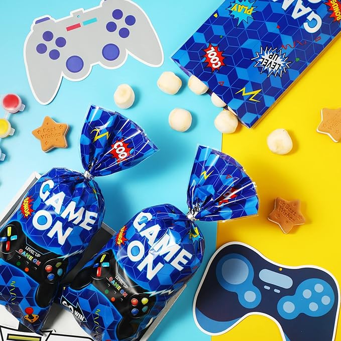 Pajean 100pcs Video Game Plastic Loot Bags Game on Favor Goody Candy Treat Bags for Themed Birthday Party(Blue)