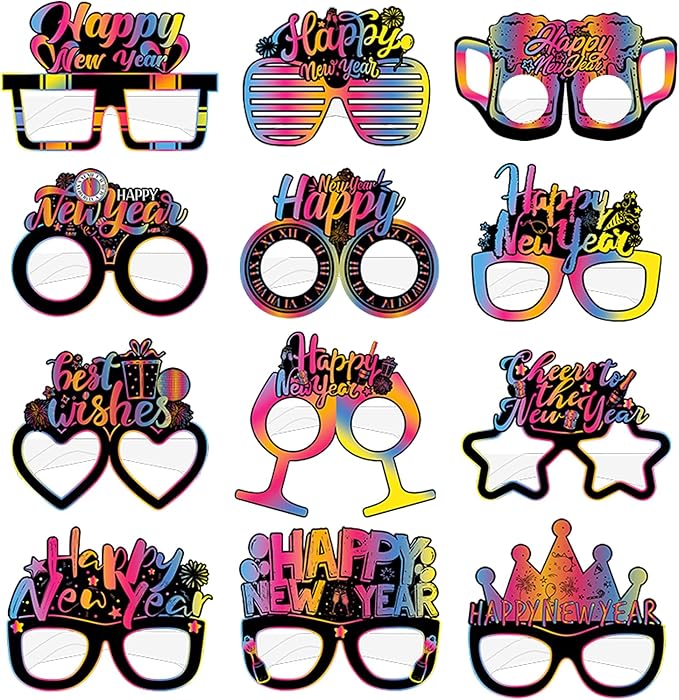 12PCS New Year Glasses, Funny New Years Eve Party Paper Glasses Photo Booth Props 2026 Eyeglasses Frames for NYE Party Supplies Decorations 2026