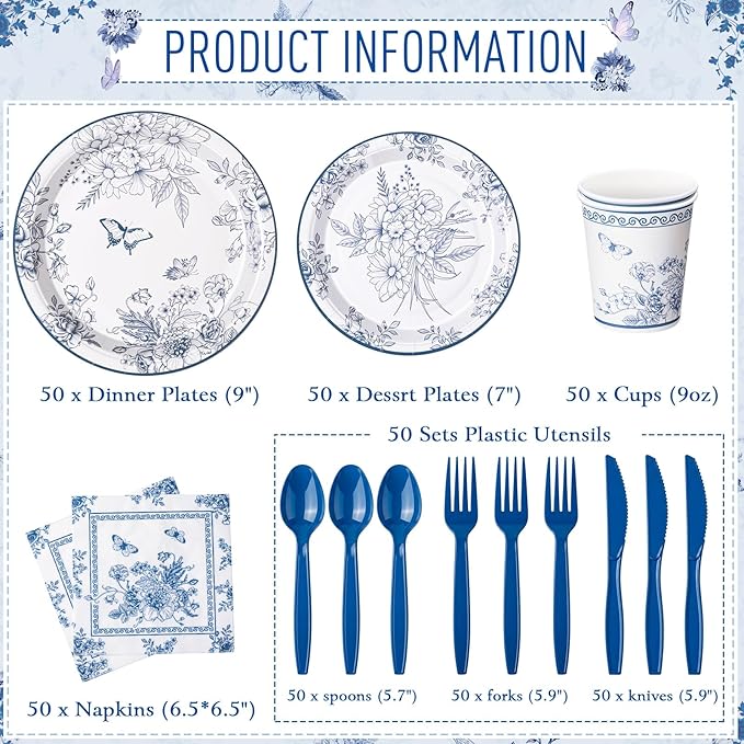 352 Pcs Blue Floral Disposable Tableware Set Vintage Flower Party Supplies Set for 50 Guests Tea Party Disposable Dinnerware Includes Plates Napkins Cups Cutlery for Wedding Bridal Shower