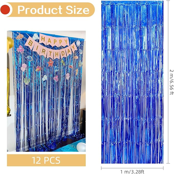12 Pack Blue Foil Curtain Backdrop 3.2ft x 6.6ft Metallic Tinsel Fringe Backdrop Curtains Streamer Photo Booth Backdrop for Birthday Engagement Bachelorette Christmas Holiday Party Decorations