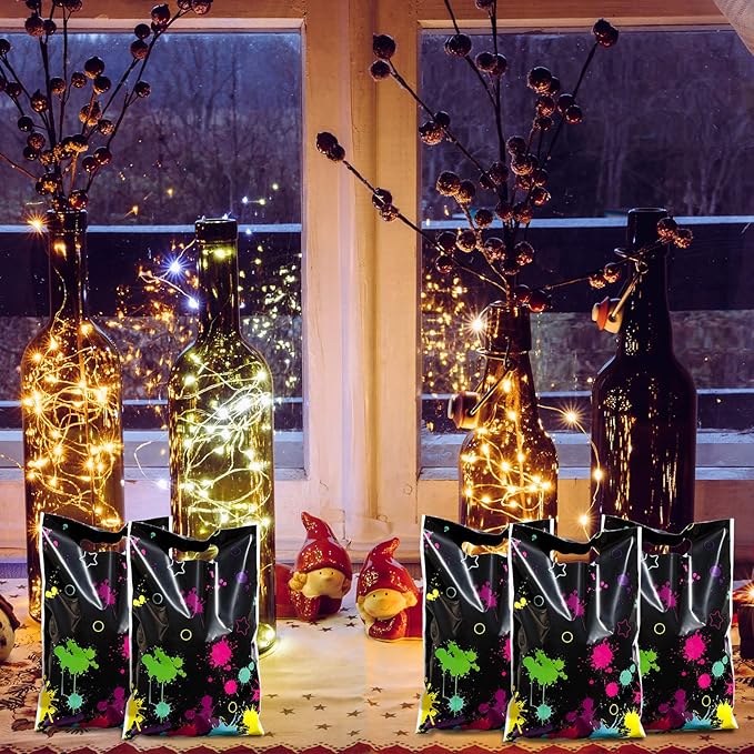 Pajean 50 Pcs Neon Candy Goodie Bags Let's Glow in The Dark Party Supplies Plastic Colorful Treat Bags Neon Gift Wrap Decor with Die Cut Handles for Glow Birthday Party Decoration(Black)