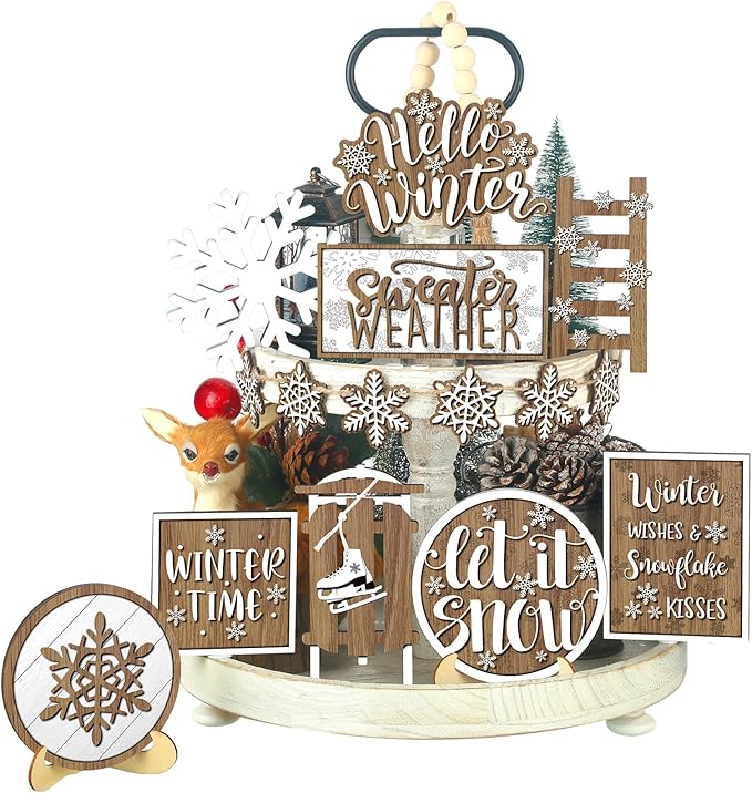 15 Pcs Winter Tiered Tray Decor Snowflake Tiered Tray Decorations Set Hello Winter Let It Snow Wooden Signs Farmhouse Christmas Decor for Home Table Shelf