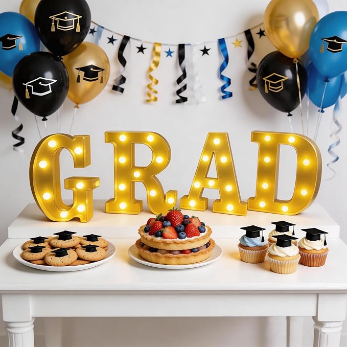 2026 Graduation Party Decorations Graduate LED Lights, 4 LED Marquee Light Up Letters“ GRAD”，Class of 2026 Graduation Ornaments Sign for Kindergarten Preschool High School College Wall Table Decor Party Supplies