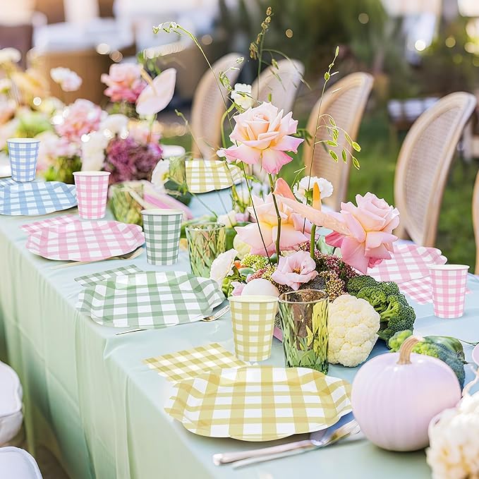 72 Pcs Gingham Party Supplies 9 Inch Easter Party Colorful Dessert Paper Plates and Napkins Disposable Scalloped Picnic Plaid Plates Napkins Cup Checkered Dinnerware Set for Easter Baby Shower Wedding