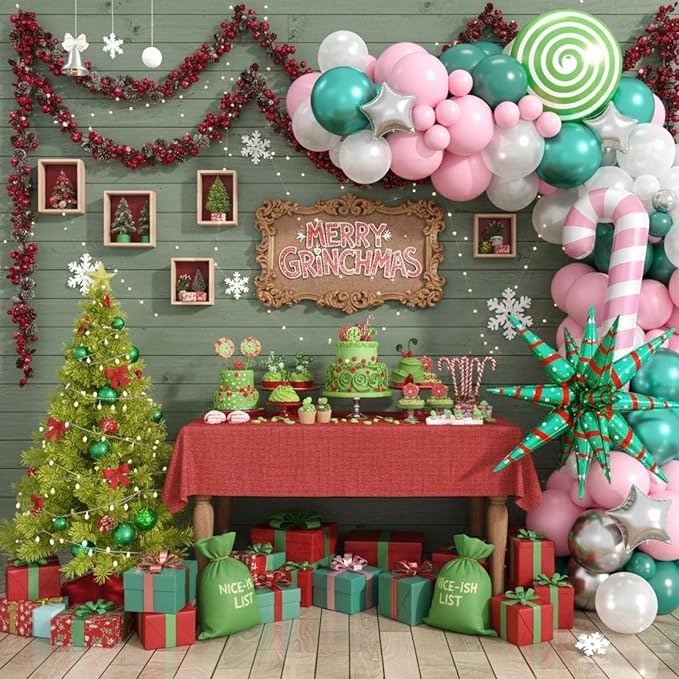 Christmas Balloon Arch Kit, Pink Green Metallic Silver Pearl Balloons with Star Foil, Pink Candy Cane, Green Candy Balloons for Birthday Party Decorations Baby Shower Backdrop