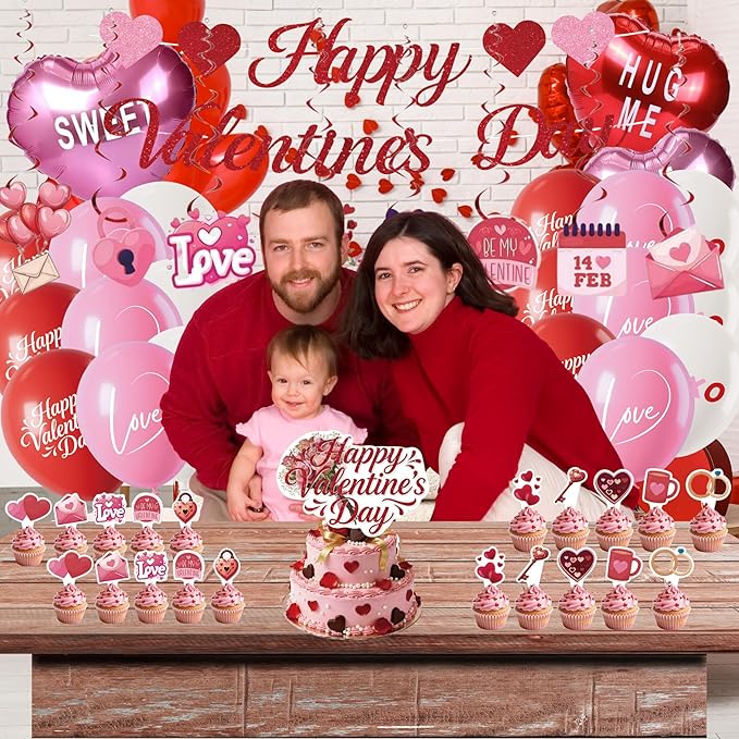 Happy Valentines Day Decorations Party Set Red Heart Decor - Themed Red Pink Balloons Banner Cake Topper Cupcake Toppers Foil Balloons Hanging Swirls Ornaments Valentine Supplies Stuff