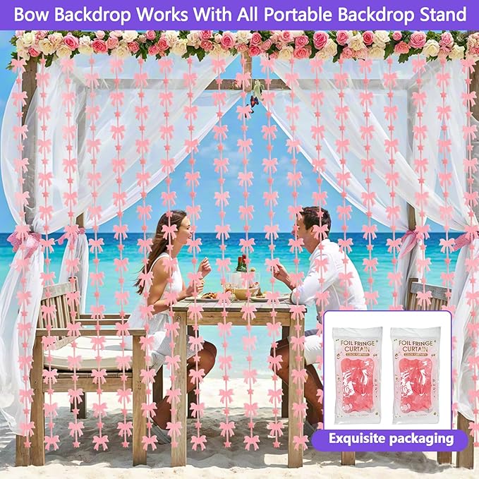Pink Bow Birthday Decorations 2 Pack, 3.3x6.6ft Bow Backdrop Glow in The Dark Party Supplies, Pink Tinsel Backdrop Door Streamers Themed Party Decor, Foil Fringe Curtains for Baby Shower Halloween