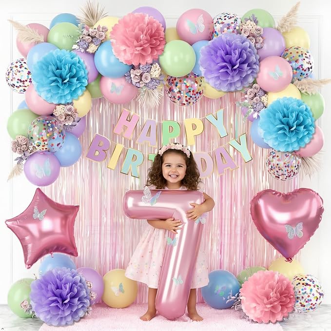 Pastel 7th Birthday Party Decorations for Girls Number 7 Balloon Happy Birthday Banner Butterfly Stickers Fringe Curtain Paper Pom Poms Macaron Pink Star Heart Foil Colorful Balloons 7 Year Old Decor