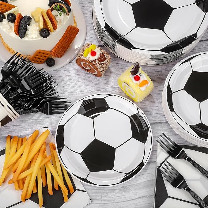 Kochorie 144 Pieces Soccer Party Tableware Sets Including Disposable Plates Napkins Cups Forks Serves 24 for Soccer Games Sports Birthday Party Supplies