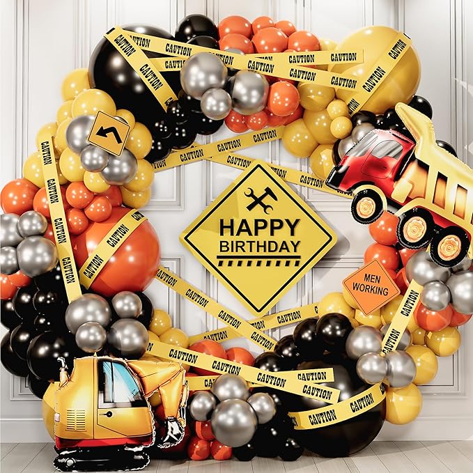 ALL-IN-1 Construction Balloon Arch Kit with BONUS Caution Tape & Truck Balloons - Construction Balloons for Excavator Birthday Decorations - Construction Birthday Party Supplies & Decorations