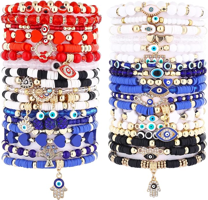 Cooluckday 36 Pcs Holiday Heishi Surfer Bracelets for Women Bulk Easter Mother's Day Christmas St. Patrick's Day Mardi Gras Bracelet Stackable Stretch Friendship Bracelets Set