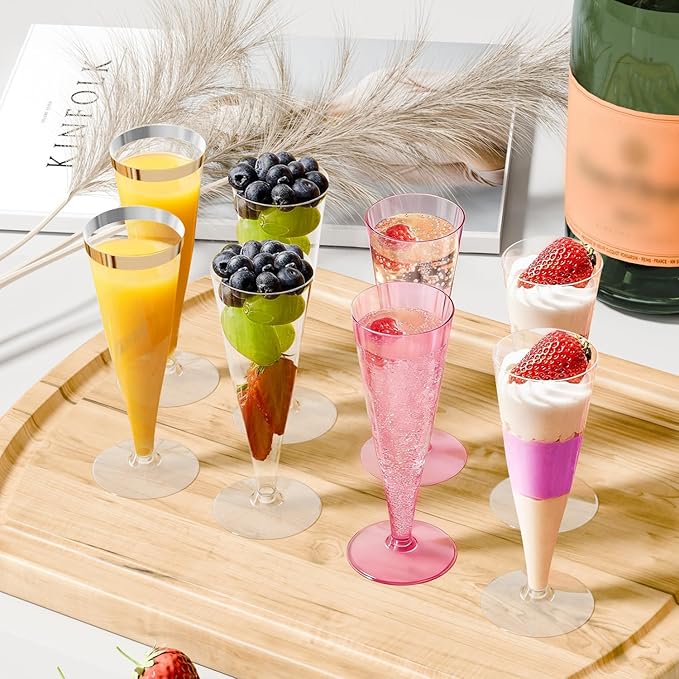 100 Pack Plastic Champagne Flutes Gold Rim Disposable Wine Glasses, 4.5 Oz Mimosa Cocktail Toasting Cups Bulk for Women's Day Party Supplies Wedding Bar, Copas De Plastico Para Brindis