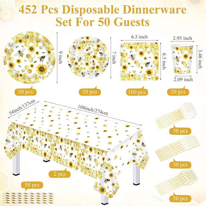 LemonRoad 452 Pcs Bee Baby Shower Decorations for 50, Bee Paper Plates Napkins Cups Tablecloth Disposable Cutlery Straws for Birthday Party What Will Baby Be Gender Reveal Dinnerware Supplies
