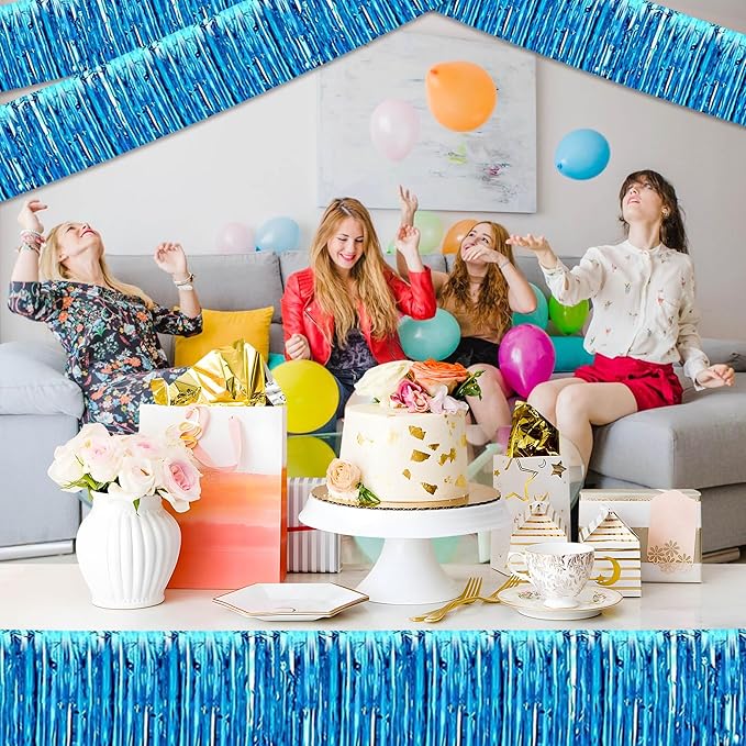 3 Pack 10 Ft Lake Blue Foil Fringe Garland Metallic Streamers Tinsel Banner Wall Hanging Garland Backdrop for Parade Floats, Halloween, Christmas, Thanksgiving, New Year Party Decorations