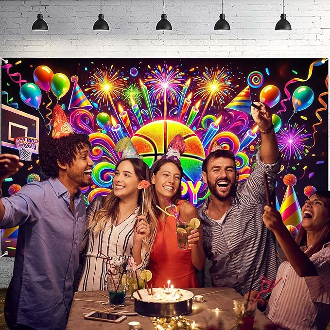 Nuxovilar Happy Birthday Banner Neon Basketball - Sports Party Backdrop, 71x43 Inch Glow Yard Sign for Boys Game Night Decor