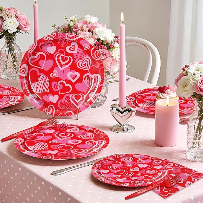 96 Pieces Valentines Day Plates and Napkins Tableware Set, Red Pink Heart Love Disposable Dinnerware with Paper Plates Napkins and Forks for Valentine Day Wedding Anniversary Party Favors - Serves 24