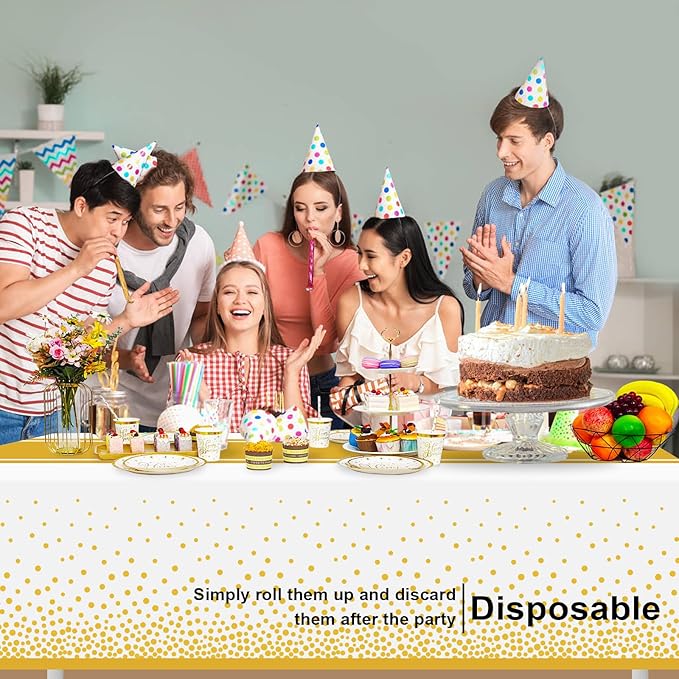 6 Pack White and Gold Tablecloth Party Decorations Plastic White Tablecloth Printed Gold Table Runner 54 x108 Inch Disposable Rectangle Table Cover for Birthday Wedding Graduation