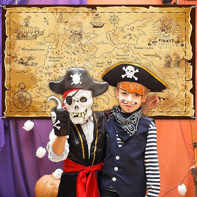 Blulu Pirate Theme Background Jewelry Map Banner Photography Background School Party Carnival Birthday for Great Party Decoration