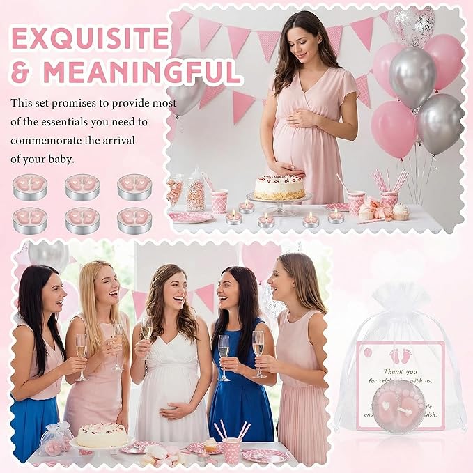 Treela 20 Sets Baby Shower Party Favors Pink Tea Lights Candles with Organza Bag for Guests Cute Feet Shaped Burning Thank You Tags Return Gifts Keepsakes for Baby Shower Gender Reveal Party