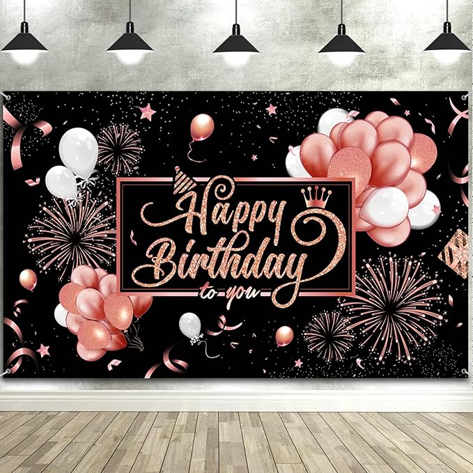 Blulu Happy Birthday Backdrop Banner Sign Poster Large Fabric Glitter Balloon Fireworks Sign Photo Backdrop Background for Birthday Party Decoration Supplies, 72.8 x 43.3in (Pink and Black)